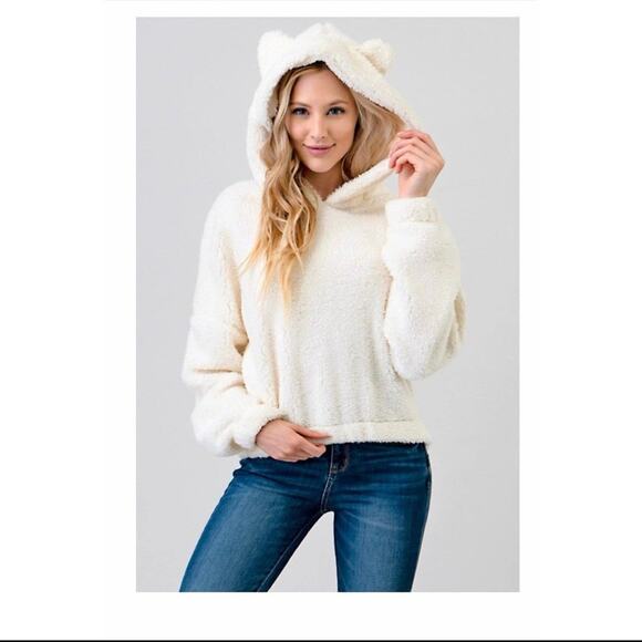 NWT Heart & Hips Women's Beige Sherpa Chic Cozy Hoodie Sweater Small - Picture 1 of 8
